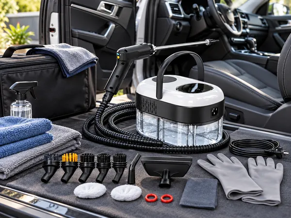 Přístroj a různé typy pracovních nástavců uspořádané vedle automobilu