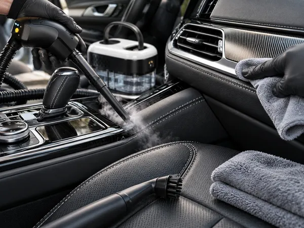 Světlý automobilový interiér s pečlivě udržovanými materiály