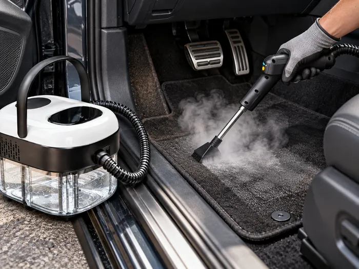Úzký čisticí nástavec v prostoru podlahy automobilu poblíž sedadla